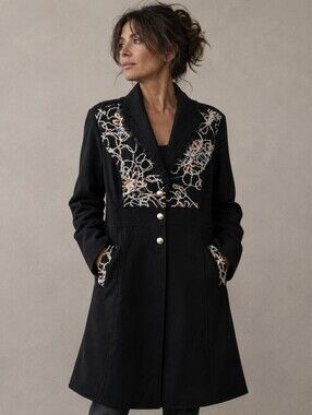 Papillon Embroidered Wool Coat Size XL Black Artsy Boho